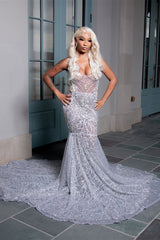 Sparkling V-Neck Straps Sleeveless Mermaid Prom Dresses Column Gem With Beads-Ballbella