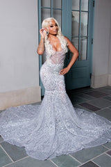Sparkling V-Neck Straps Sleeveless Mermaid Prom Dresses Column Gem With Beads-Ballbella