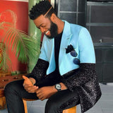 Sparkly Blue and Black Slim Fit Classic Men Suits-Ballbella