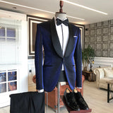 Sparkly Navy Blue Shawl Lapel Wedding Suits with Black Lapel-Ballbella