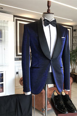 Sparkly Navy Blue Shawl Lapel Wedding Suits with Black Lapel-Ballbella