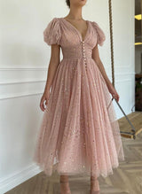 Sparkly Tulle V-Neck Tea-Length Homecoming Dresses-Ballbella
