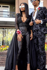Special V-neck Long Sleevess Lace Prom dresses with Sequins Trousers Floor Length-Ballbella