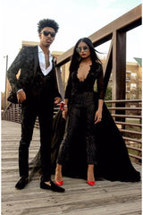 Special V-neck Long Sleevess Lace Prom dresses with Sequins Trousers Floor Length-Ballbella