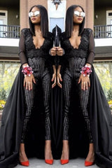 Special V-neck Long Sleevess Lace Prom dresses with Sequins Trousers Floor Length-Ballbella