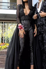 Special V-neck Long Sleevess Lace Prom dresses with Sequins Trousers Floor Length-Ballbella