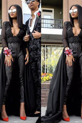 Special V-neck Long Sleevess Lace Prom dresses with Sequins Trousers Floor Length-Ballbella