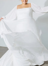 Square Neckline Chic A-line Wedding Dress Long Sleeves Chiffon Sweep Train-Ballbella