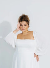 Square Neckline Chic A-line Wedding Dress Long Sleeves Chiffon Sweep Train-Ballbella