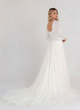 Square Neckline Chic A-line Wedding Dress Long Sleeves Chiffon Sweep Train-Ballbella
