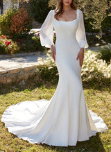 Square Neckline Long Sleeve Mermaid Fitted Wedding Dress Sweep Train-Ballbella