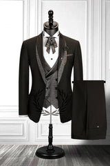 Stitching Shawl Lapel Black Three-piece Men Suit with Double Breasted Waistcoat-Ballbella