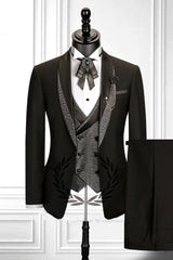 Stitching Shawl Lapel Black Three-piece Men Suit with Double Breasted Waistcoat-Ballbella