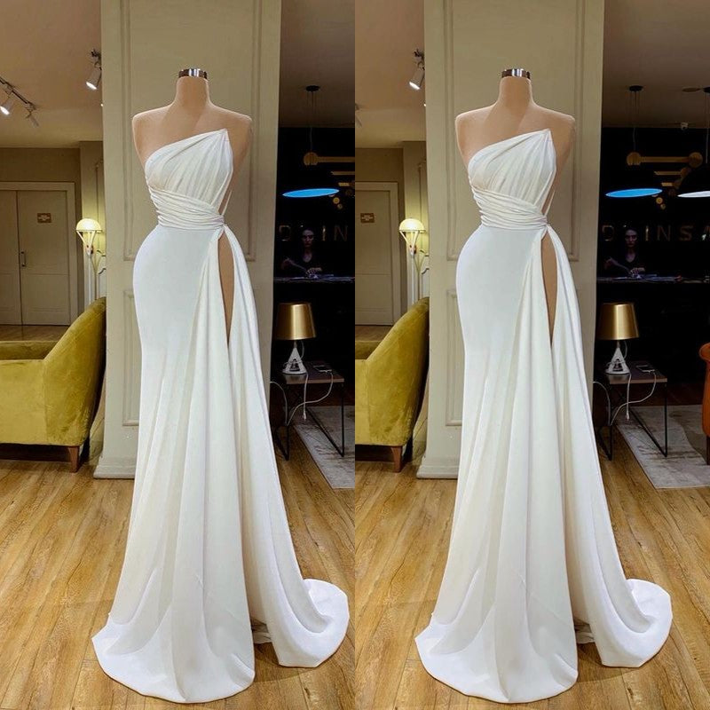 Strapless Creamy White High-split Pleated Long Prom Dress Strapless Creamy White High-split Pleated Long Prom Dress