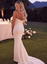 Strapless Mermaid Fitted Wedding Dresses Elastic Satin Sweep Train for Summer Beach-Ballbella