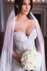 Strapless Sweetheart Beads Mermaid Wedding Dresses Appliques Tulle Bridal Gowns-Ballbella
