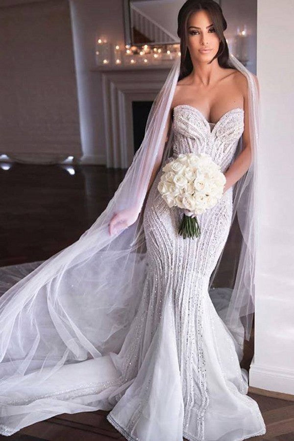 Strapless Sweetheart Beads Mermaid Wedding Dresses Appliques Tulle Bridal Gowns Strapless Sweetheart Beads Mermaid Wedding Dresses Appliques Tulle Bridal Gowns