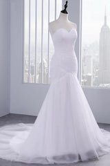 Strapless Sweetheart Mermaid Wedding Dresses Lace Ruffless Tulle Bridal Gowns-Ballbella