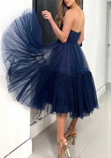 Strapless Tulle A-Line Tea-Length Blue Homecoming Dresses-Ballbella