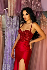 Straps Burgundy Sweetheart High Split A-line Floor length Prom Dresses-Ballbella
