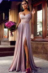 Straps Lace Slit Prom Party Gowns| Sleeveless Lavender Long Formal Chic Evening Gown-Ballbella