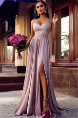 Straps Lace Slit Prom Party Gowns| Sleeveless Lavender Long Formal Chic Evening Gown-Ballbella