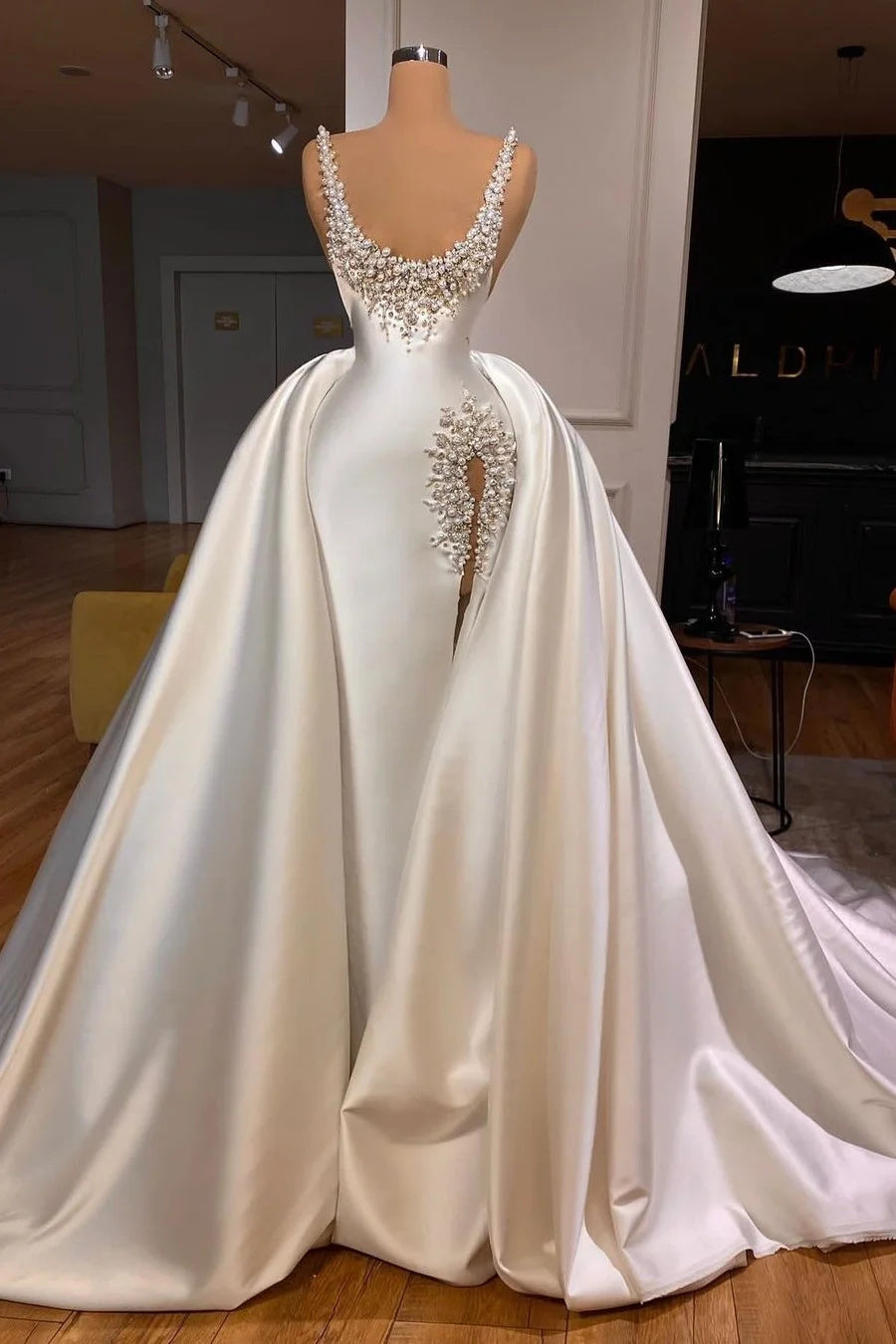 beaded wedding dress with overskirt Beaded Dress with Plunging Neckline and Overskirt 38860
