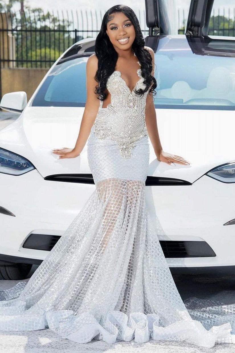 white and silver prom dresses Straps V-neck Silver Beaded Mermaid Sparkle Prom Dresses