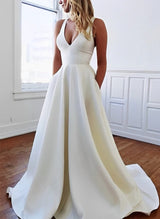 Stretch Crepe Sleeveless V-neck Wedding Dress Chic A-line Silhouette Ruffles Sweep Train-Ballbella