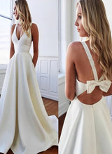 Stretch Crepe Sleeveless V-neck Wedding Dress Chic A-line Silhouette Ruffles Sweep Train-Ballbella