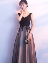 Stunning Black Evening Dresses Long V Neck Lace Tulle Sleeveless A Lien Floor Length Formal Evening Dress-Ballbella