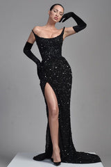 Stunning Black Straples Prom Dress Mermaid Long With Sequins Beads-Ballbella