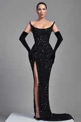 Stunning Black Straples Prom Dress Mermaid Long With Sequins Beads-Ballbella
