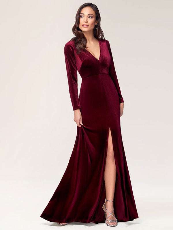 Stunning Burgundy Evening Dress Sheath Long Sleeve V-Neck Velour Social Party Dresses Stunning Burgundy Evening Dress Sheath Long Sleeve V-Neck Velour Social Party Dresses