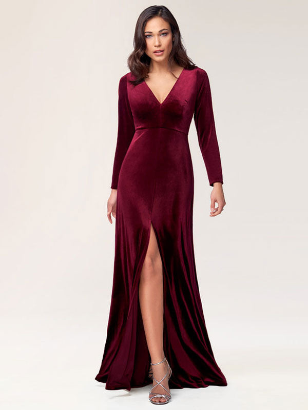 Stunning Burgundy Evening Dress Sheath Long Sleeve V-Neck Velour Social Party Dresses Stunning Burgundy Evening Dress Sheath Long Sleeve V-Neck Velour Social Party Dresses
