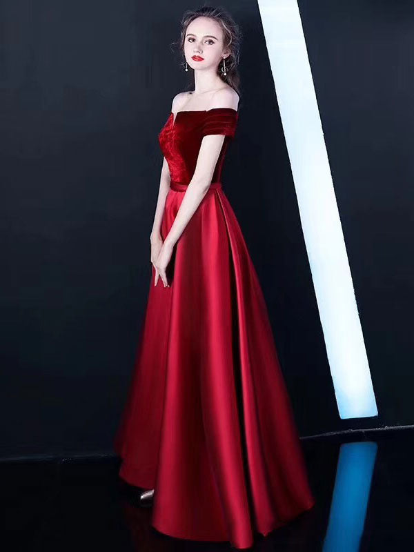 Stunning Burgundy Evening Dresses Off The Shoulder Velvet Satin Formal Dress Notched Neck Floor Length Evening Gowns Stunning Burgundy Evening Dresses Off The Shoulder Velvet Satin Formal Dress Notched Neck Floor Length Evening Gowns