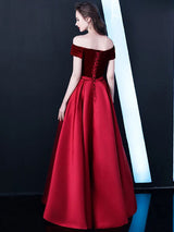 Stunning Burgundy Evening Dresses Off The Shoulder Velvet Satin Formal Dress Notched Neck Floor Length Evening Gowns-Ballbella
