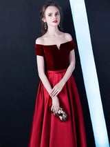 Stunning Burgundy Evening Dresses Off The Shoulder Velvet Satin Formal Dress Notched Neck Floor Length Evening Gowns-Ballbella