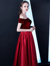 Stunning Burgundy Evening Dresses Off The Shoulder Velvet Satin Formal Dress Notched Neck Floor Length Evening Gowns-Ballbella