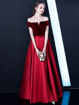 Stunning Burgundy Evening Dresses Off The Shoulder Velvet Satin Formal Dress Notched Neck Floor Length Evening Gowns-Ballbella