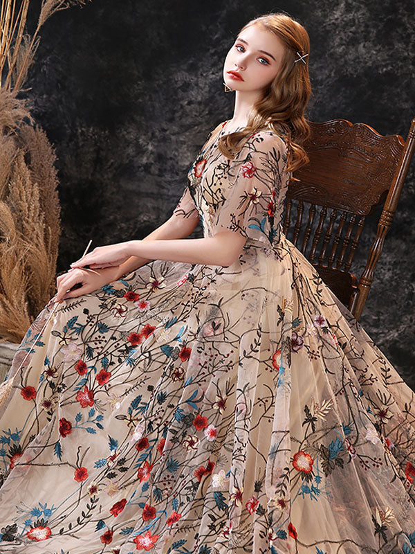 Stunning Evening Dress A-Line Jewel Neck Lace With Train Lace Social Party Dresses Stunning Evening Dress A-Line Jewel Neck Lace With Train Lace Social Party Dresses