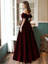 Stunning Evening Dress A Line Off The Shoulder Short Sleeves Floor Length Laceup Pockets Velour Formal Dinner Dresses-Ballbella