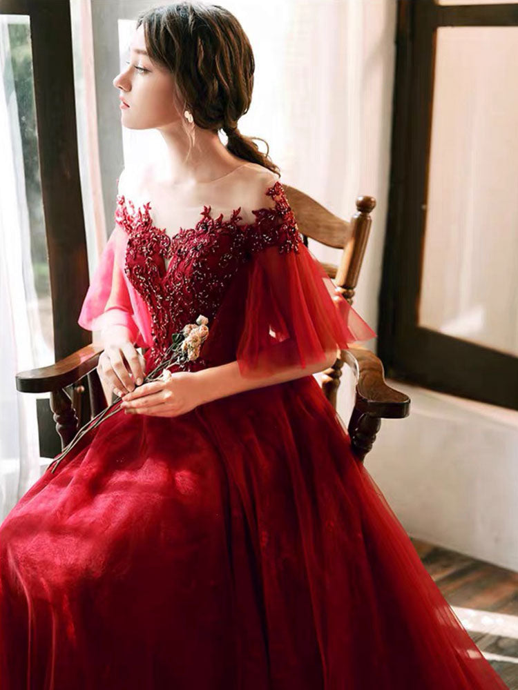 half sleeve red dress Burgundy Half Sleeves Lace V Neck Homecoming Dress Short Prom Dress MH221