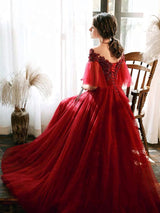 Stunning evening dress Illusion Neckline A Line Half Sleeves Lace Floor Length Tulle Party Dresses-Ballbella