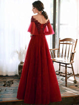 Stunning evening dress Illusion Neckline A Line Half Sleeves Lace Floor Length Tulle Party Dresses-Ballbella