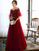 Stunning evening dress Illusion Neckline A Line Half Sleeves Lace Floor Length Tulle Party Dresses-Ballbella