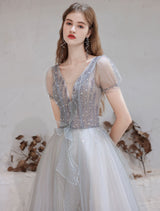 Stunning Evening Dress Light Grey A Line Bateau Neck Floor Length Social Party Dresses Pageant Dress-Ballbella