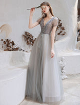 Stunning Evening Dress Light Grey A Line Bateau Neck Floor Length Social Party Dresses Pageant Dress-Ballbella