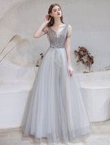 Stunning Evening Dress Light Grey A Line Bateau Neck Floor Length Social Party Dresses Pageant Dress-Ballbella