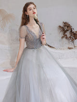 Stunning Evening Dress Light Grey A Line Bateau Neck Floor Length Social Party Dresses Pageant Dress-Ballbella